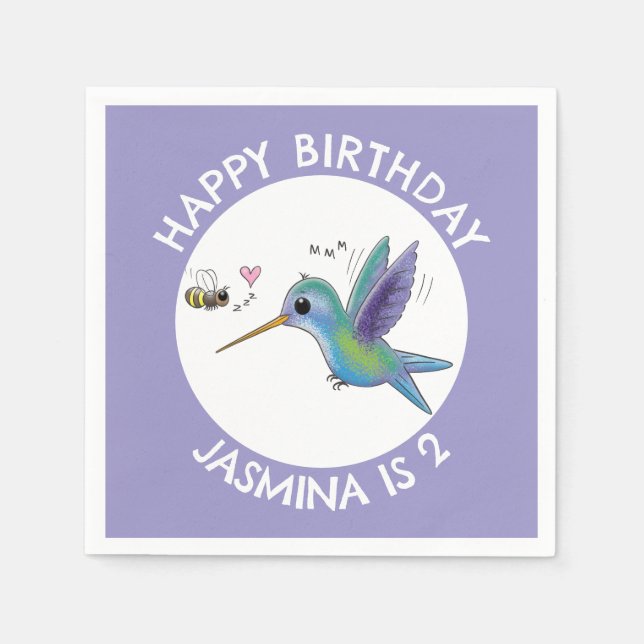 Cute hummingbird and bee cartoon personalised napkin (Front)