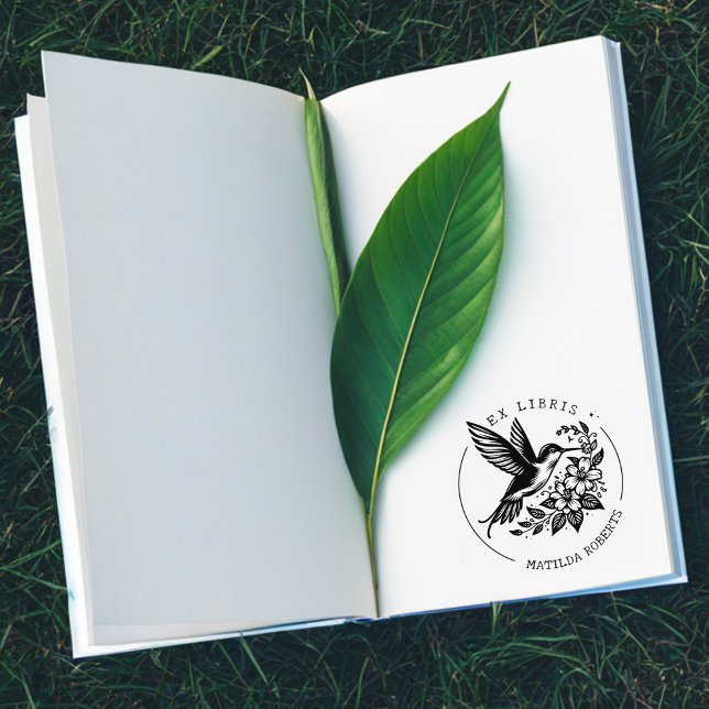 Cute Hummingbird Custom Name Library Book Rubber Stamp (Creator Uploaded)