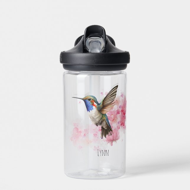 Cute Hummingbird Floral Watercolor Personalised  Water Bottle (Front)