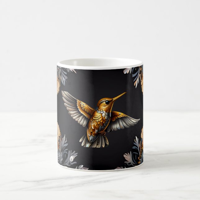 Cute Hummingbird Gold & Sliver Flower Background Coffee Mug (Center)