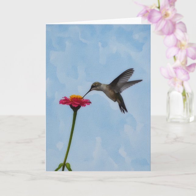 Cute Hummingbird Hovering on Pink Flower Note Card (Orchid)