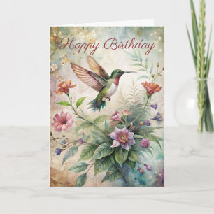 Cute Hummingbird on Flowers Birthday Card