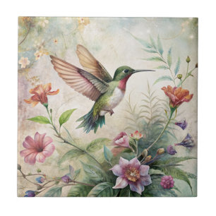 Cute Hummingbird on Flowers Ceramic Tile