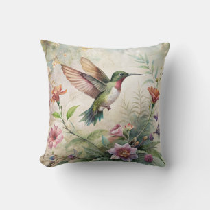 Cute Hummingbird on Flowers Cushion