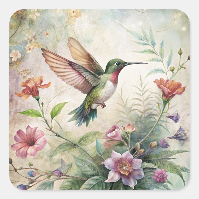 Cute Hummingbird on Flowers Square Sticker (Front)