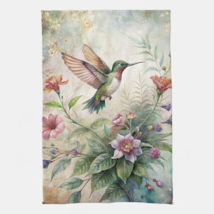 Cute Hummingbird on Flowers Tea Towel