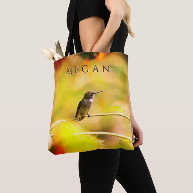 Cute Hummingbird on Sunflower Custom Name Tote Bag (Close Up)