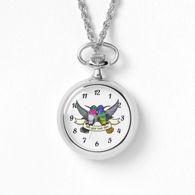 Cute Hummingbirds Add Your Own Text Ribbon Cartoon Watch (Front)