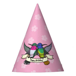 Cute Hummingbirds Happy Birthday! Ribbon Cartoon Party Hat