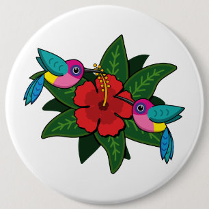 Cute Hummingbirds on Hibiscus Flower Cartoon - W 6 Cm Round Badge