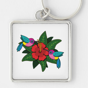 Cute Hummingbirds on Hibiscus Flower Cartoon - W Key Ring