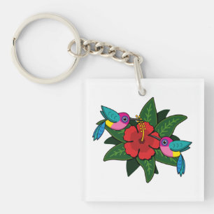 Cute Hummingbirds on Hibiscus Flower Cartoon - W Key Ring