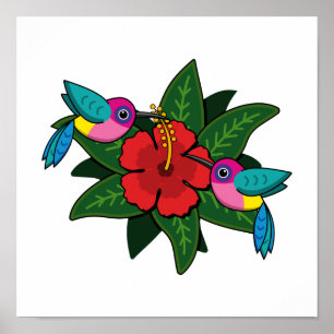 Cute Hummingbirds on Hibiscus Flower Cartoon - W Poster