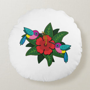 Cute Hummingbirds on Hibiscus Flower Cartoon - W Round Cushion