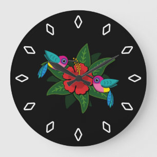 Cute Hummingsbirds on Hibiscus Flower Cartoon Large Clock