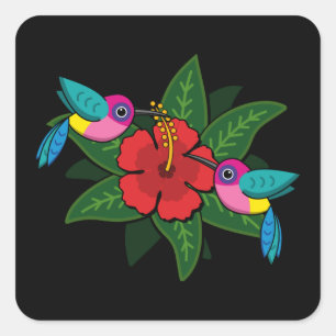 Cute Hummingsbirds on Hibiscus Flower Cartoon Square Sticker