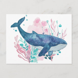 Cute Humpback Whale watercolor illustration Postcard