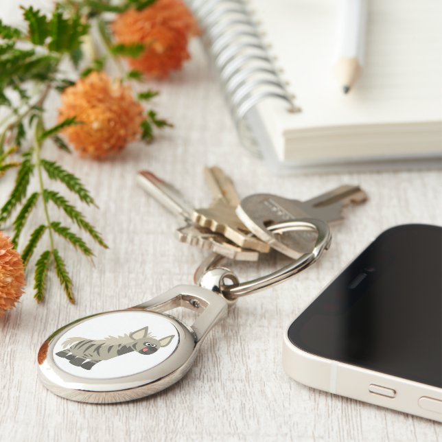 Cute Hungry Cartoon Striped Hyena Metal Keychain (Side)