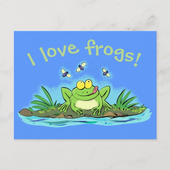 Cute hungry frog with flies cartoon postcard (Front)