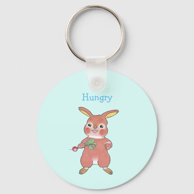 Cute Hungry & Sleepy Bunny Rabbit Blue Keychain  (Front)