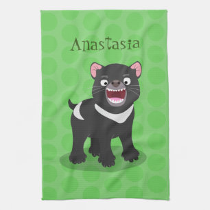 Cute hungry Tasmanian devil cartoon illustration Tea Towel