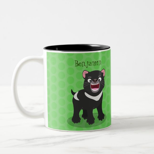 Cute hungry Tasmanian devil cartoon illustration Two-Tone Coffee Mug (Left)