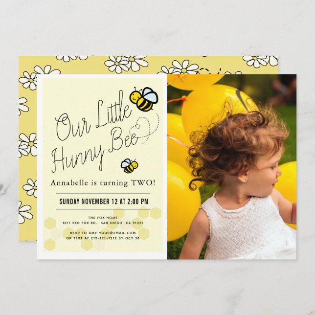 Cute Hunny Bee Yellow Kids Photo Birthday Party Invitation (Front/Back)
