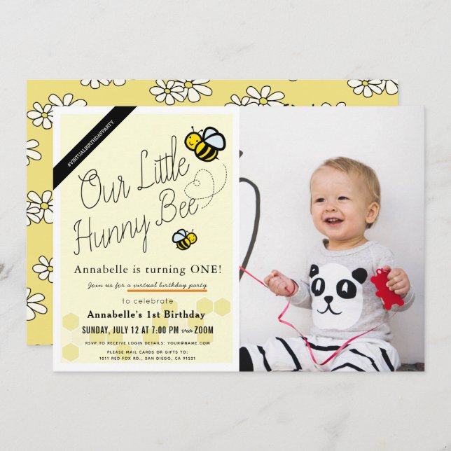 Cute Hunny Bee Yellow Photo Virtual 1st Birthday Invitation (Front/Back)