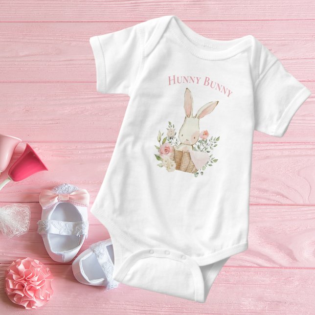 Cute Hunny Bunny Typography Rabbit Pink Girl Baby Bodysuit (Creator Uploaded)