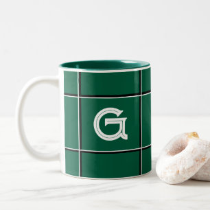 Cute Hunter Green Decorative Initial Square Design Two-Tone Coffee Mug