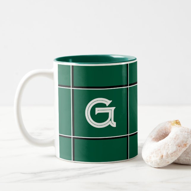 Cute Hunter Green Decorative Initial Square Design Two-Tone Coffee Mug (With Donut)