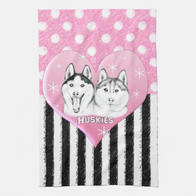 Cute Huskies pink pattern Tea Towel (Vertical)