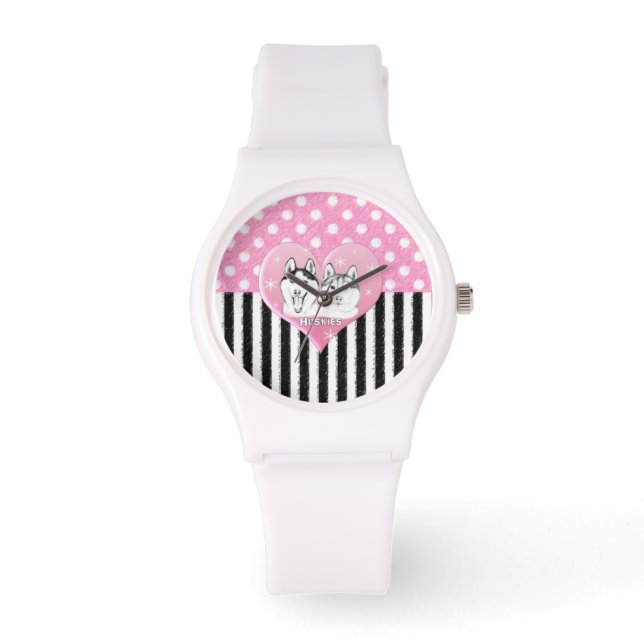 Cute Huskies pink pattern Watch (Front)