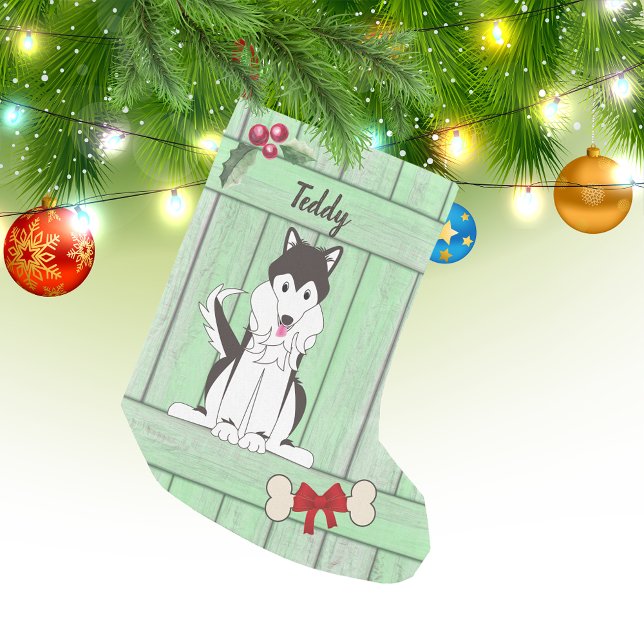 Cute Husky Boy Dog Green Wooden Fence Monogram Small Christmas Stocking (Creator Uploaded)
