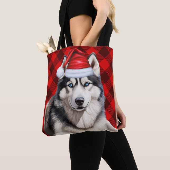 Cute Husky Christmas Dog Red Buffalo Plaid Tote Bag (Close Up)