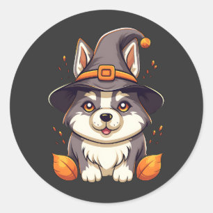 Cute Husky Dog in a Witch'S Hat Halloween Classic Round Sticker