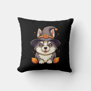 Cute Husky Dog in a Witch'S Hat Halloween Cushion
