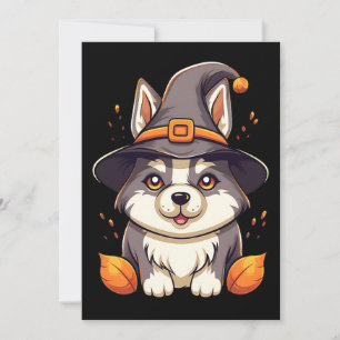 Cute Husky Dog in a Witch'S Hat Halloween Holiday Card