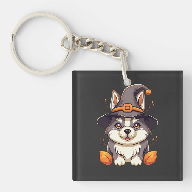 Cute Husky Dog in a Witch'S Hat  Halloween Key Ring (Front)