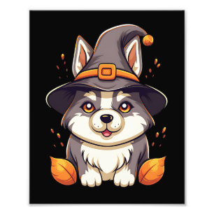 Cute Husky Dog in a Witch'S Hat  Halloween Photo Print