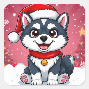 Cute Husky Dog In Santa Hat Christmas Snow Square Sticker