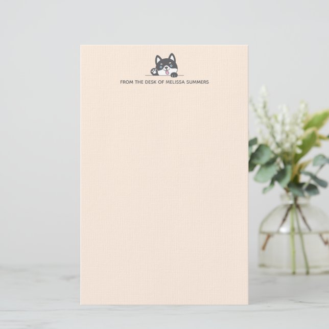 Cute Husky Dog Peeking above Custom Text Beige Stationery (Standing Front)