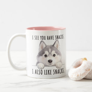 Cute Husky Dog Snacks Quote Funny Minimalist Two-Tone Coffee Mug