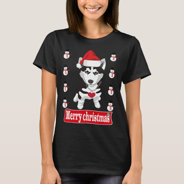 Cute Husky Dog Wearing Santa Hat Merry Christmas T-Shirt (Front)