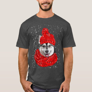 Cute Husky Dog Xmas Hat Scarf Merry Christmas Snow T-Shirt