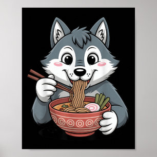 Cute Husky Eating Ramen Japanese Kawaii Dog Noodle Poster