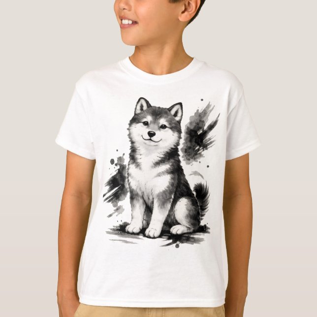 【Cute Husky Japanese Ink Art Kids T-Shirt】 T-Shirt (Front)