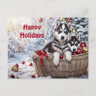 Cute Husky Puppies Huskies Christmas Holiday Postcard