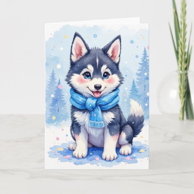 Cute Husky Puppy Blank Holiday Greeting Card (Front)