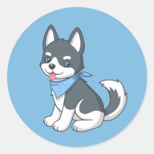 Cute Husky Puppy Dog on Blue Classic Round Sticker